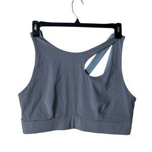 Fabletics Medium Impact Sports Bra, Gray Blue, asymmetrical neckline, cutout, 2X